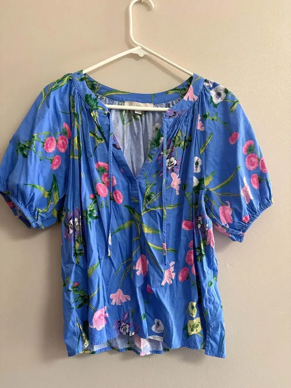 LOFT Blue Floral Print Puff Sleeve Tie Neck Blouse Size M
